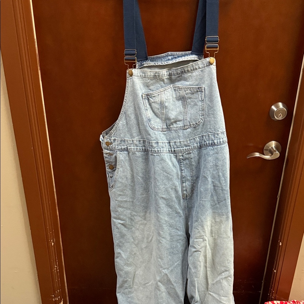 Cider Light Blue Denim Relaxed Overalls with Navy Straps